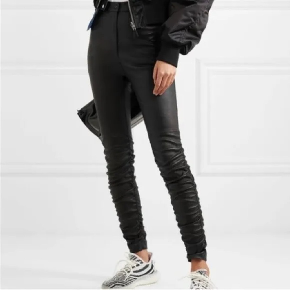 ALEXANDER WANG Black Stretch Leather Ruching Detail Skinny Pants - Size Small